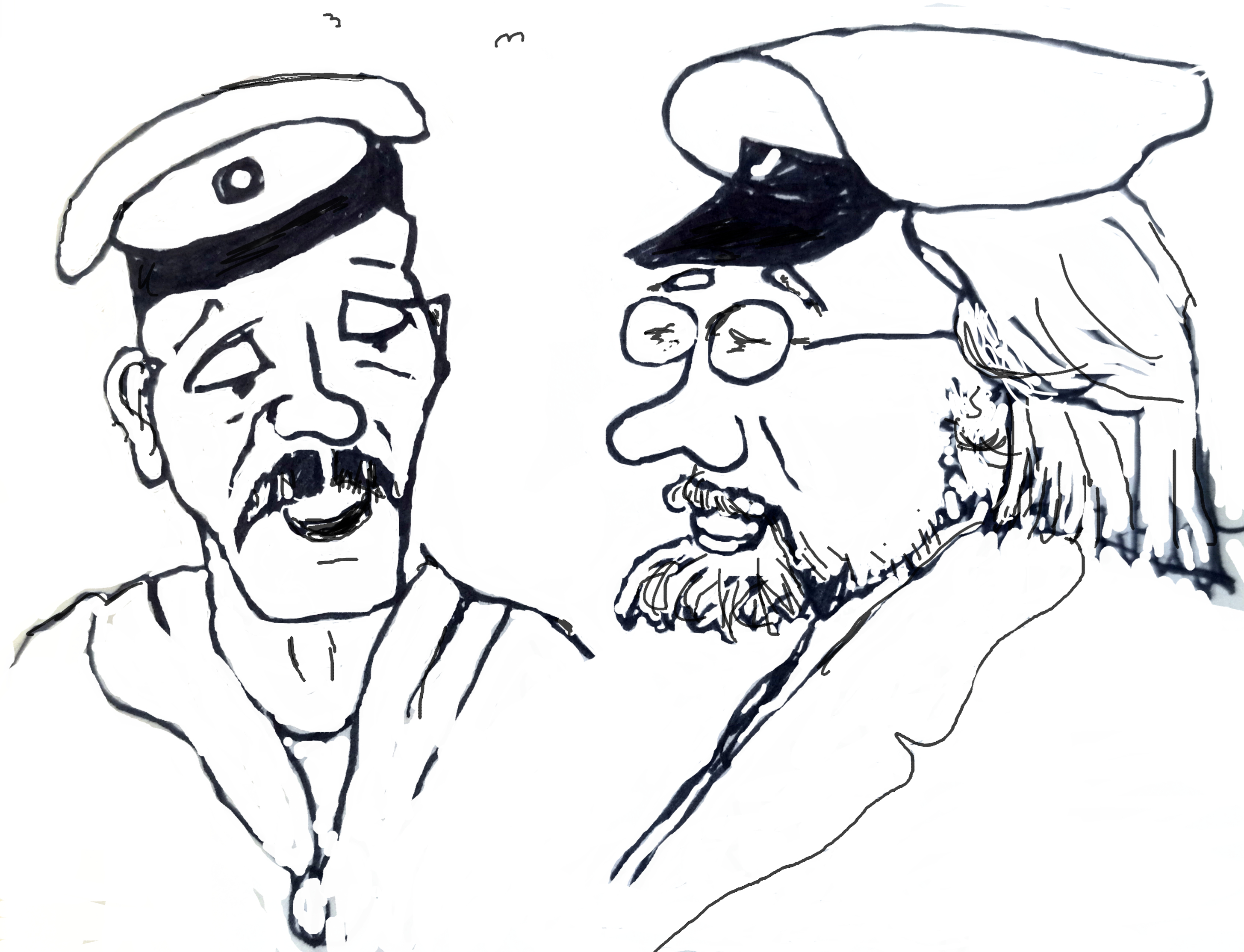 Sketch av to herrer med hatt, grunnleggerne av Bryggepraten og Bryggekanten forlag